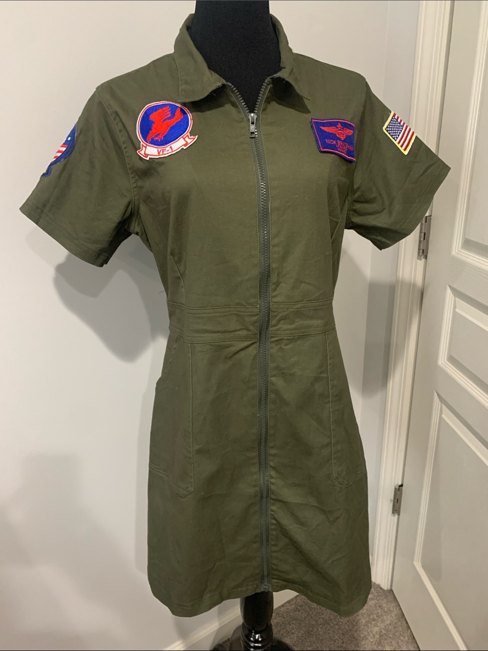 Military-Inspired Olive Green Jacket Dress with Patches
